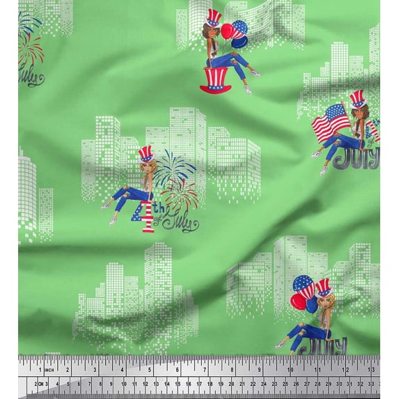 Soimoi Green Silk Fabric Text,Women & Bulidings Architectural Print Fabric by the Yard 42 Inch Wide
