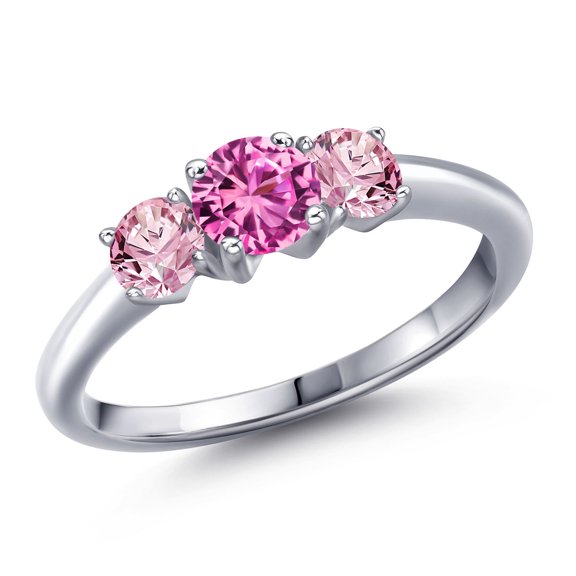 Gem Stone King 925 Sterling Silver Pink Created Sapphire and Pink Lab Grown Diamond Engagement Ring for Women | 1.05 Cttw | Round 5MM | Gemstone September Birthstone | Size 6