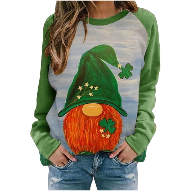 Penkiiy T-Shirt à Manches Longues et Col Rond Imprimé pour la Saint-Patrick pour Femmes, Vert