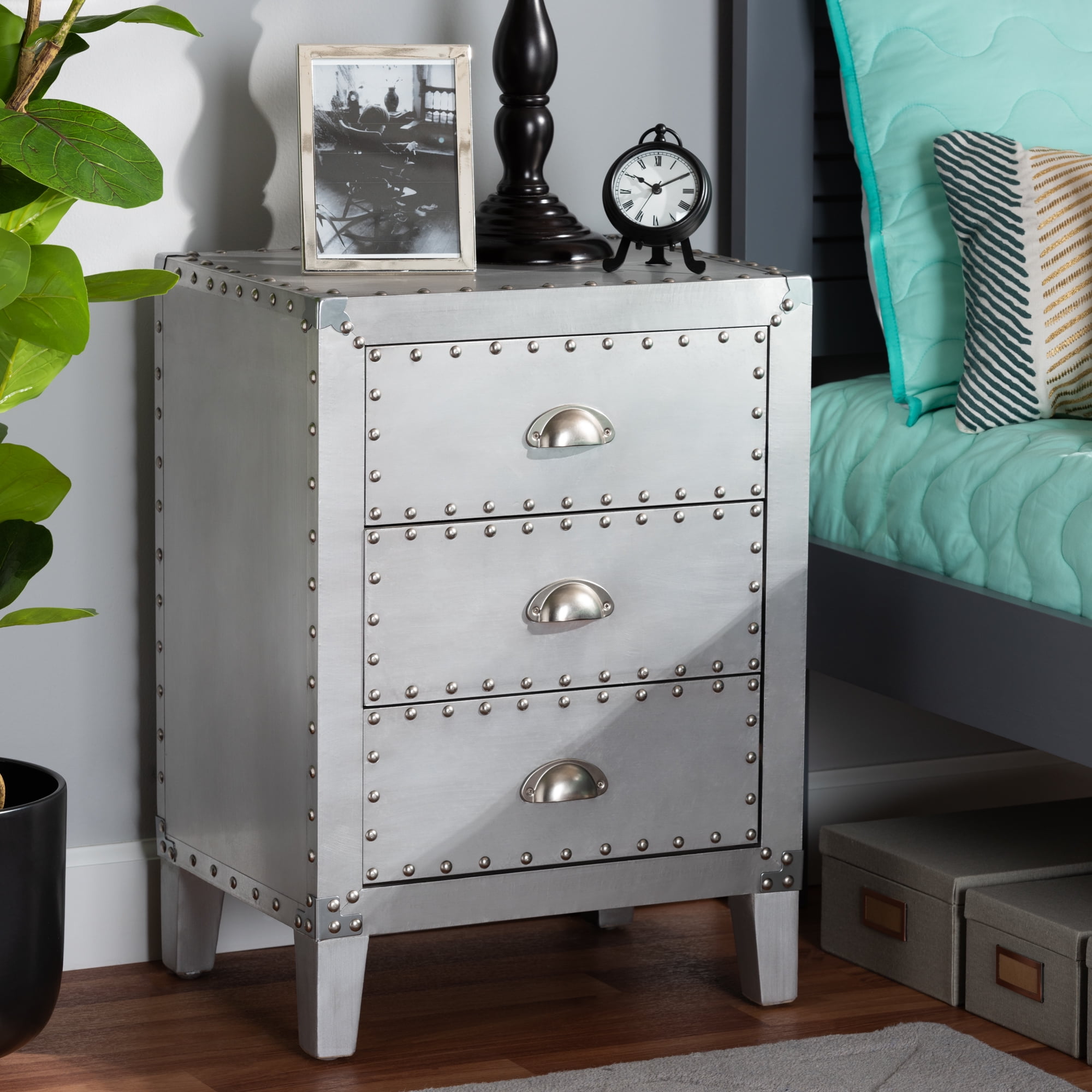 Baxton Studio Claude French Industrial Silver Metal 3Drawer Nightstand