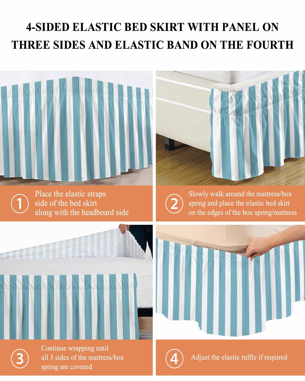 Aqua Striped Bed Skirt King Size, Modern Farmhouse Blue White Stripes Wrap Around Bed Skirting with Adjustable Elastic Strap, Dust Ruffled Pleated Bedskirts 18 Inch Drop for Bedroom King Beds