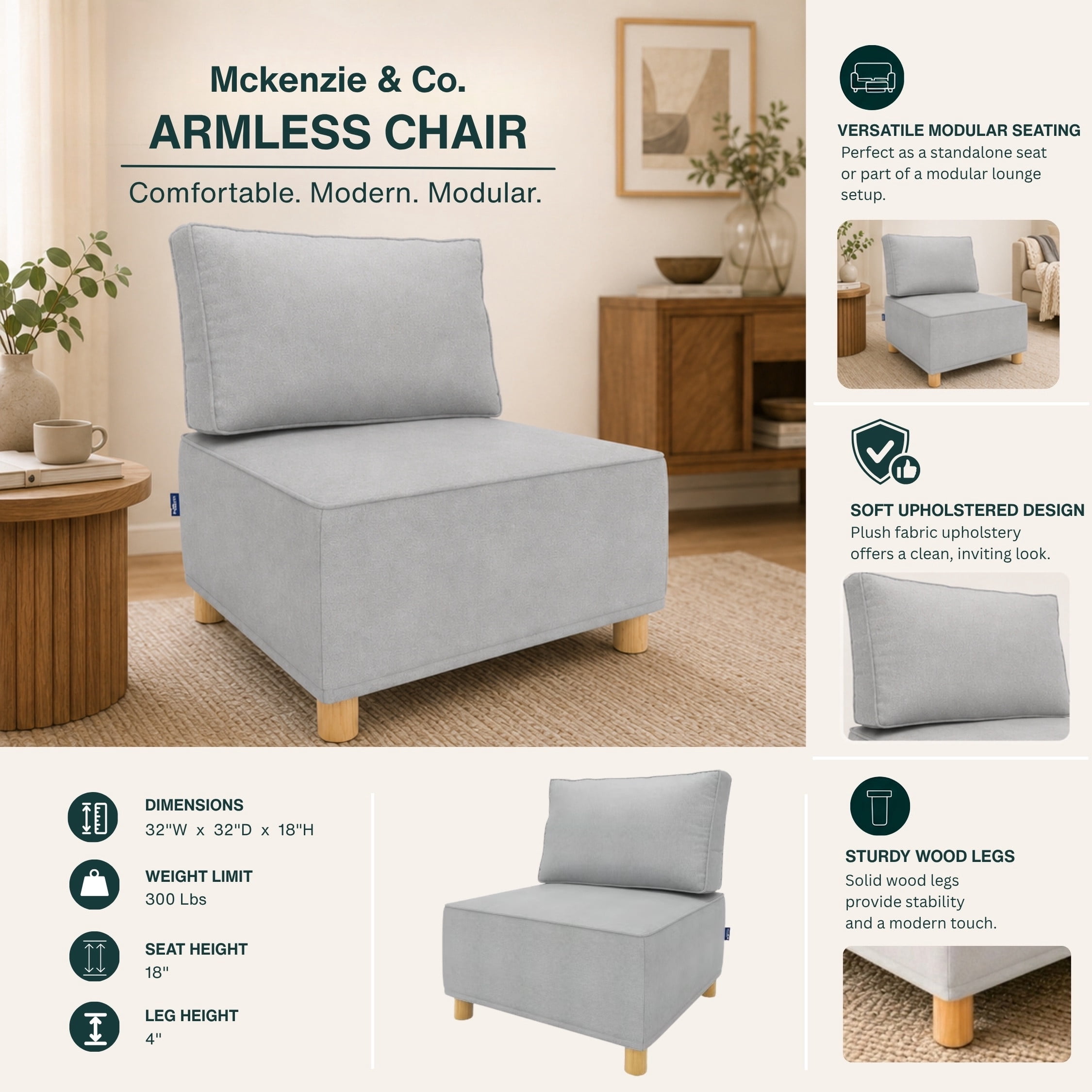 Chromcraft McKenzie Modular Armless Chair, Modular Sectional Sofa Component, 1-Piece Single Seat Sofa, Memory Foam Seating, Gray Fabric, Living Room