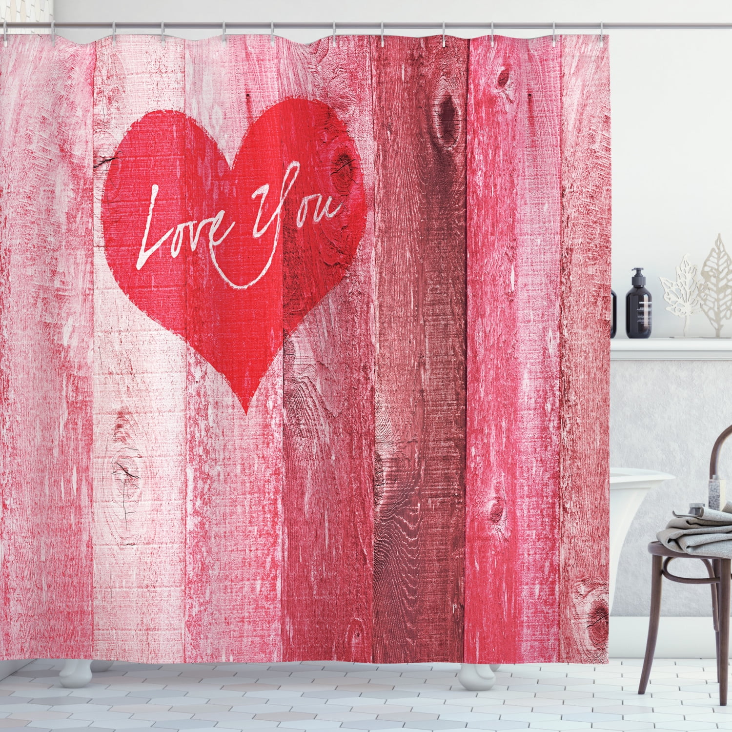 Love Shower Curtain, Love You Heart on Grunge Style Rustic Wooden