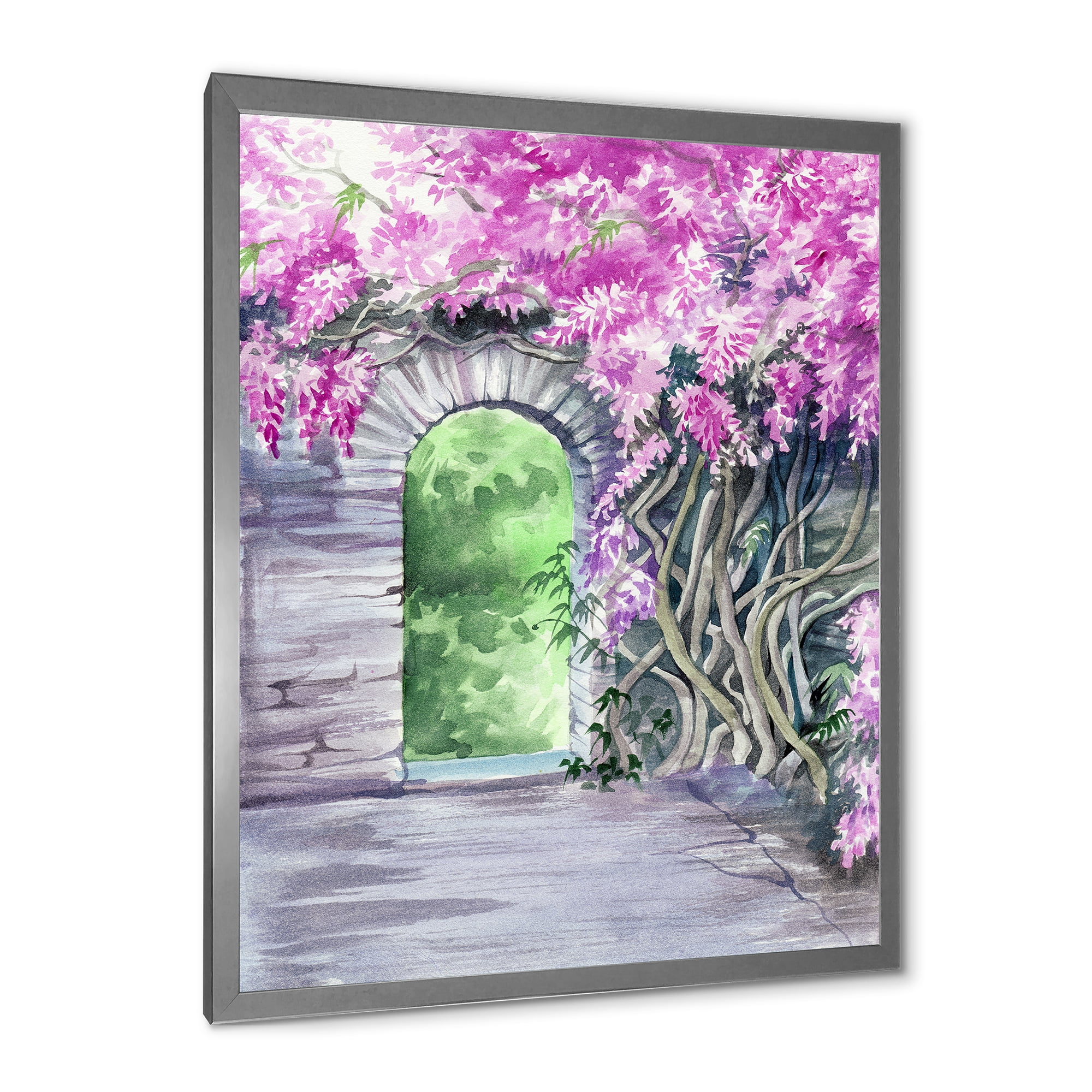 Designart 'Blossoming Purple Wisteria Garden Over The Wall' Traditional Framed Art Print