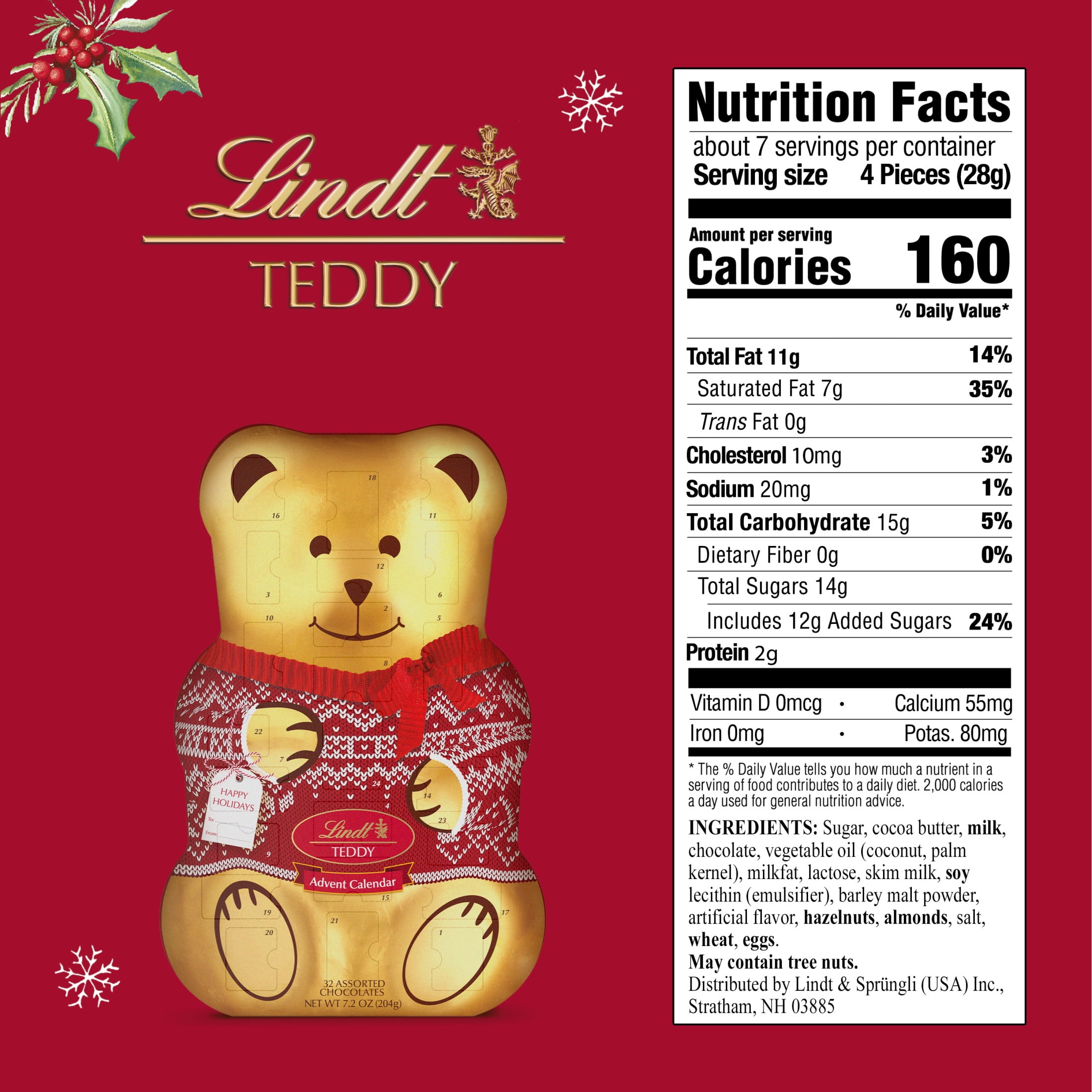 Lindt Teddy Christmas Advent Calendar Assorted Chocolate Candy Box, 7.2 oz