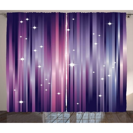 Eggplant Curtains 2 Panels Set, Abstract Colourful Beams Backdrop with White Stars Space Inspired Purple Lines, Window Drapes for Living Room Bedroom, 108W X 96L Inches, Multicolor, by