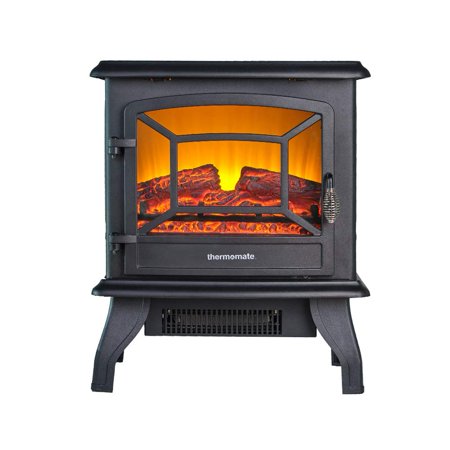 Thermomate 17" Freestanding Black Portable Electric Fireplace with Realistic Flame and Burning Log