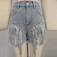 thumbnail image 4 of Womens Rhinestone Denim Shorts High Waist Tassel Ripped Summer Going Out Beach Rave Festival Holiday Party Shorts with Pockets Blue XXL, 4 of 7