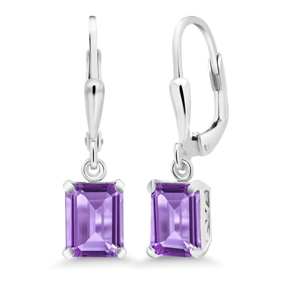 Gem Stone King 925 Sterling Silver Purple Amethyst Dangle Earrings for Women (3.00 Cttw, Gemstone February Birthstone, Emerald Cut 8X6MM)
