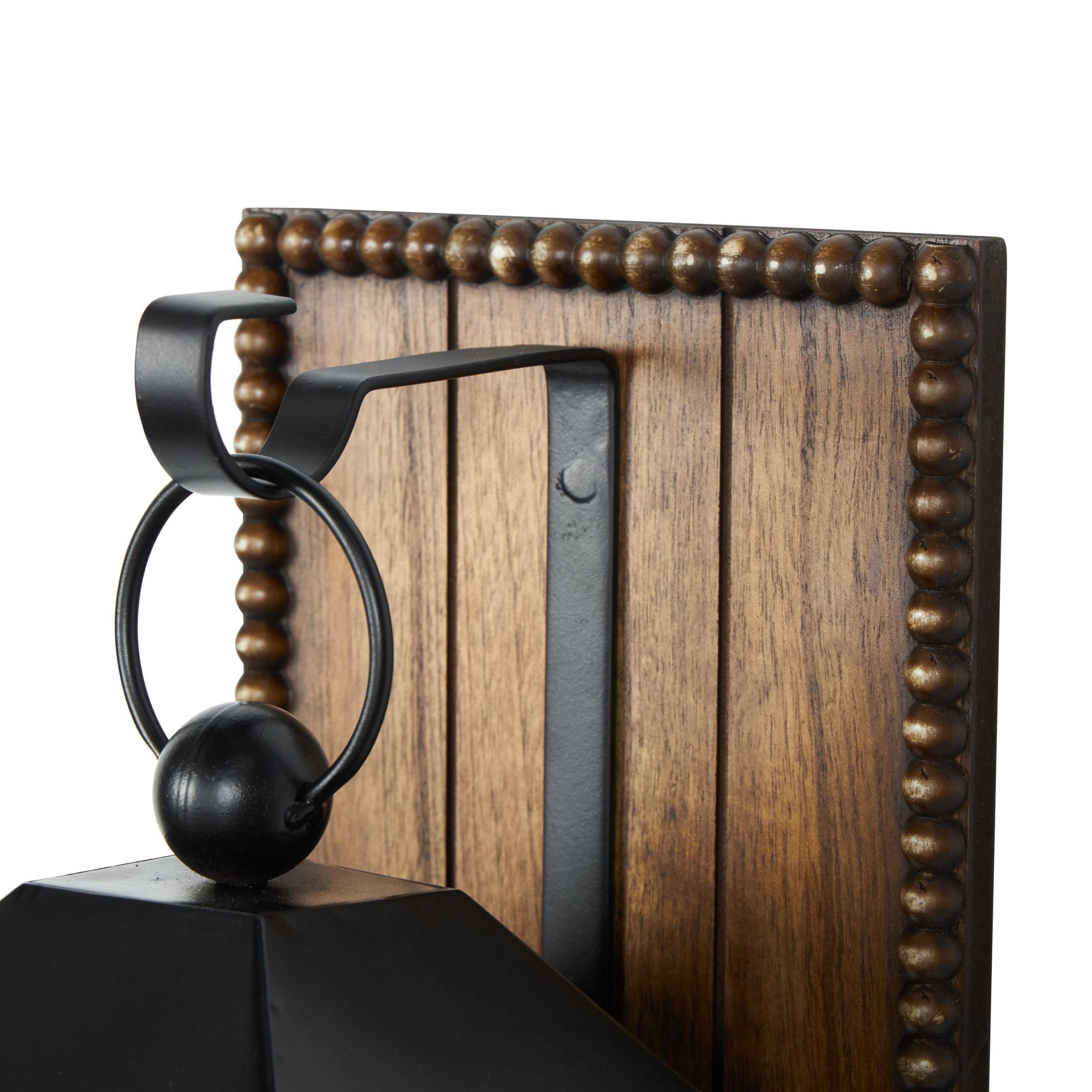 DecMode Black Metal Abstract Suspended Arched Cutout Wall Sconce with Brown Wood Backing and Beaded Edge