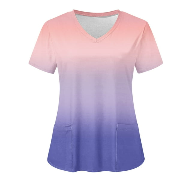LSLJS Mode Femme Manches Courtes Col en V Hauts Uniforme de Travail Imprimé Poche Blouse Hauts, Blouses pour Femmes Grande Taille