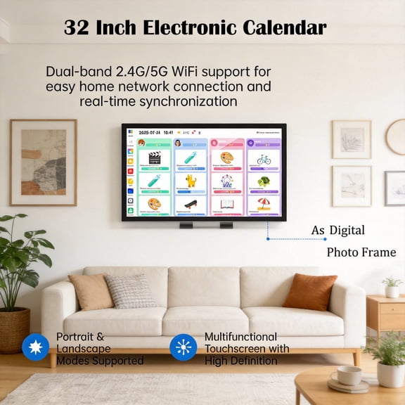 Tereitr 32 Inch Touchscreen Electronic Calendar for Family, Smart Digital Chore Chart and Scheduler with Meal Planner, WiFi 6, Wall Mountable Interactive Display, Digital Photo Frame, 4GB/64GB