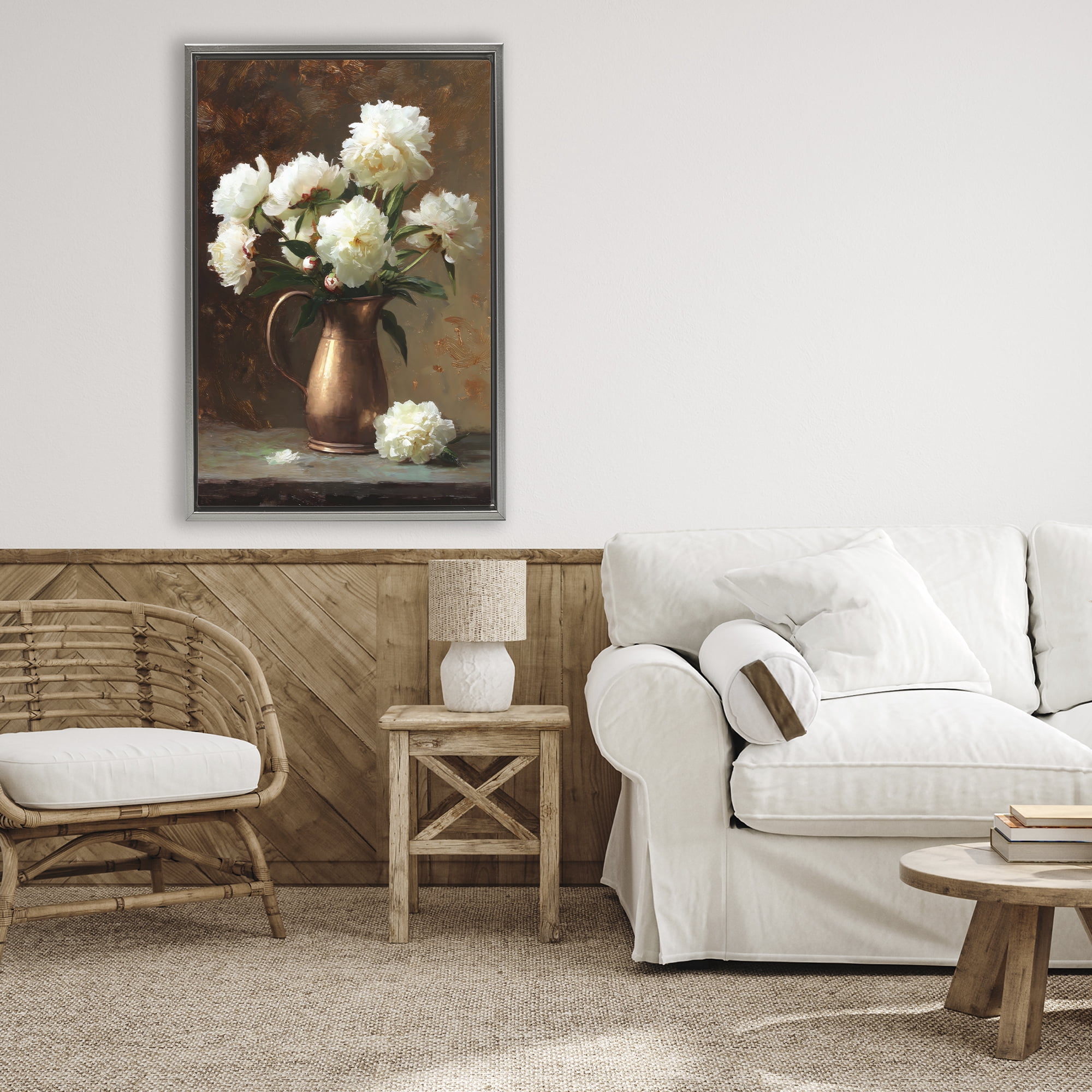 Stupell Industries Bronze Vase Peonies Gray Framed Floater Canvas Wall Art, design by Petal Prints Design
