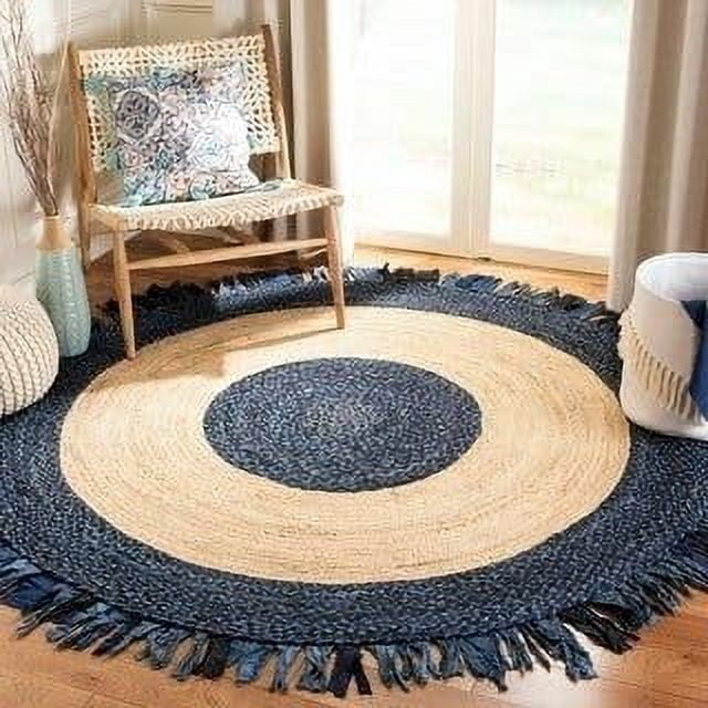Indian Handwoven Braided Natural Jute with Blue Cotton Jhalar Round Rug, Bedroom, Entryways, Dining Room, Hallways, Kids' Rooms, Size - (8' Round)