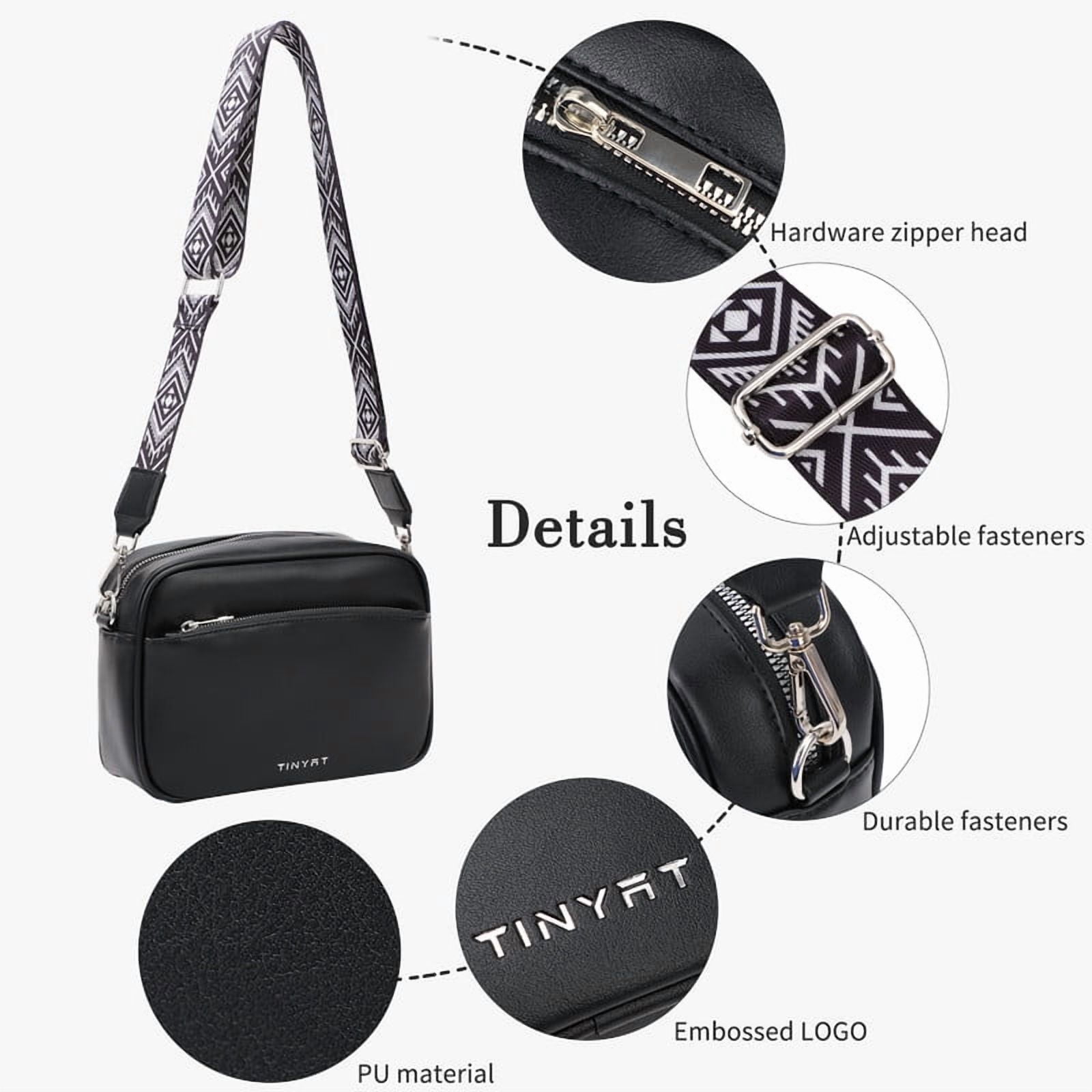 TINYAT Crossbody Bag for Women PU Multiple Pockets Shoulder Purse With Guitar Strap Small Handbags
