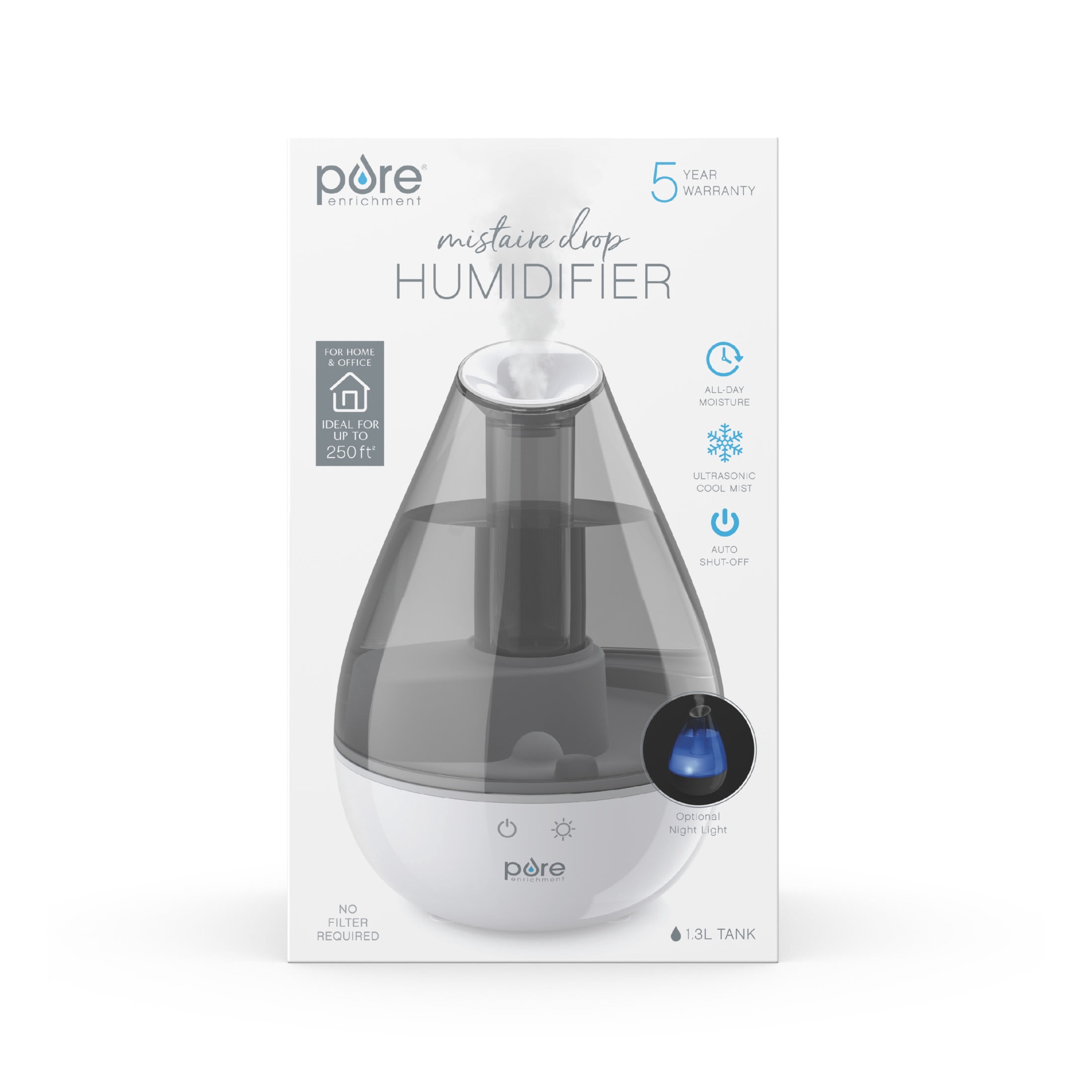 Pure Enrichment MistAire Drop Ultrasonic Humidifier with Night Light, White