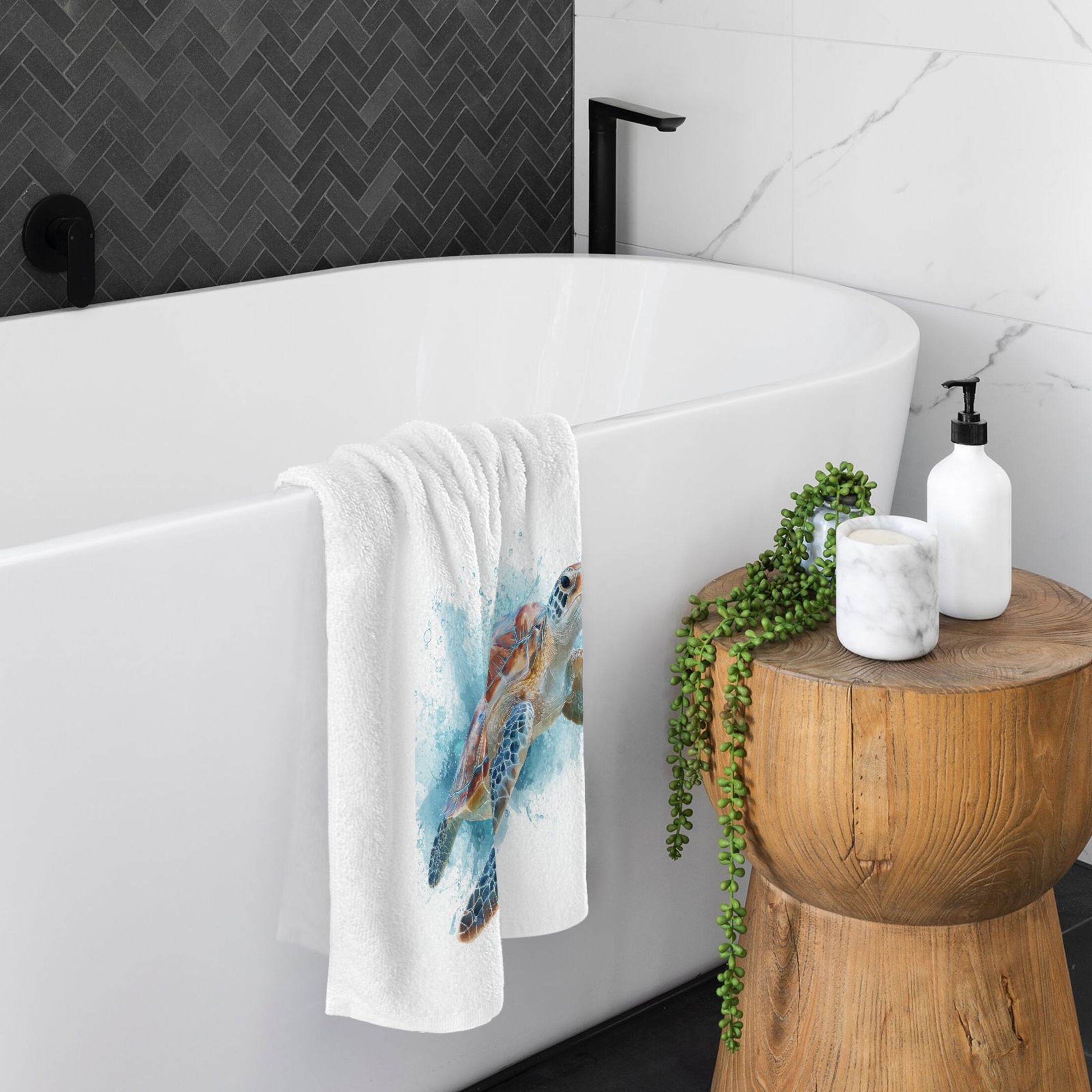 Sea Turtle Swim Watercolor Splash Style Pure Cotton Towels Bath Towel Quick Drying for Bathroom Beach Sports 16" x 30" Set of 2