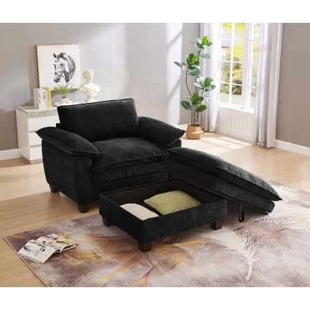 Chaise Lounge Chair 51" w/ Ottoman & Storage, Soft Chenille Black