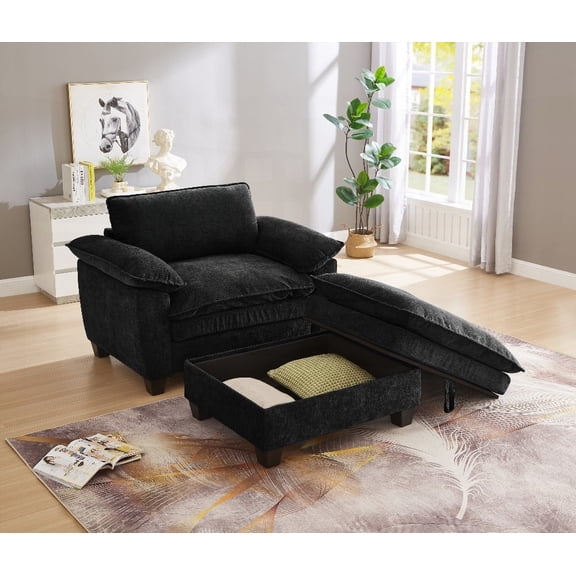 Chaise Lounge Chair 51" w/ Ottoman & Storage, Soft Chenille Black