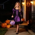 thumbnail image 2 of CUZIBR Girls Witch Halloween Costume Dress Puff Long Lace Sleeve Gothic Lace Up Swing Dress Kids Halloween Party Cosplay Outfits,Purple,One Size, 2 of 5