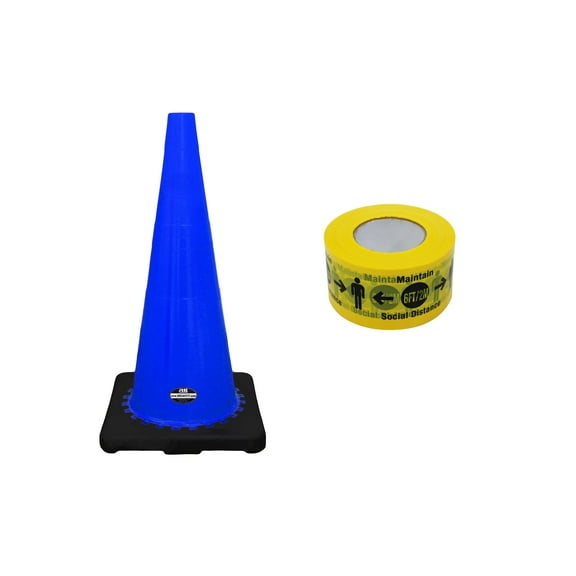 RK-Safety 28" Blue Traffic Safety Cone, Black Base with High-Visibility Pandemic Barricade Tape (4 cone   1 Roll Tape )