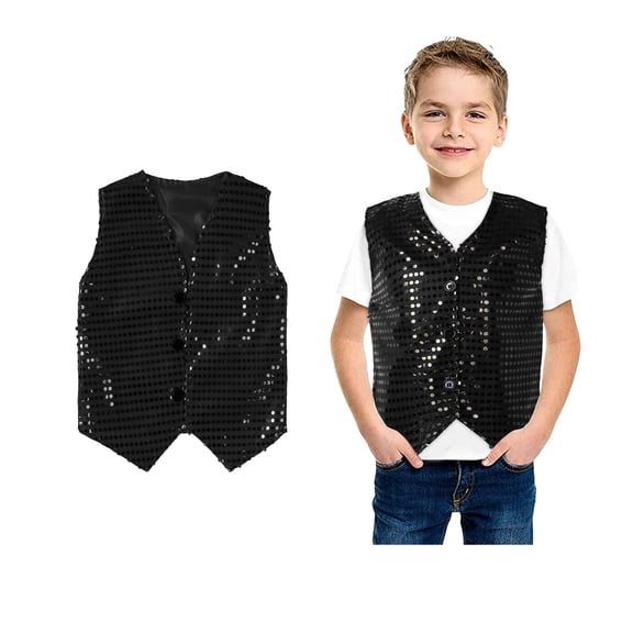 Girls Sequin Vest Glittery Sequin Sleeveless Button Vest Black Sequin Jacket Kids Party Carnival Gown Outfit Size 4-5 Years