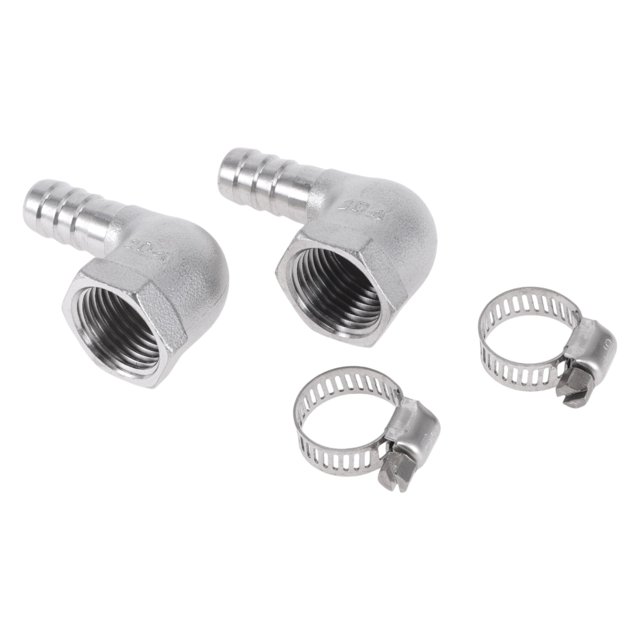 Accesorios de manguera Barb únicos para aire, agua, aceite, gas, combustible, unión de codo de 90 grados, tono plateado con 2 abrazaderas, 1 juego de 15/32" OD 1/2" BSPT de acero inoxidable