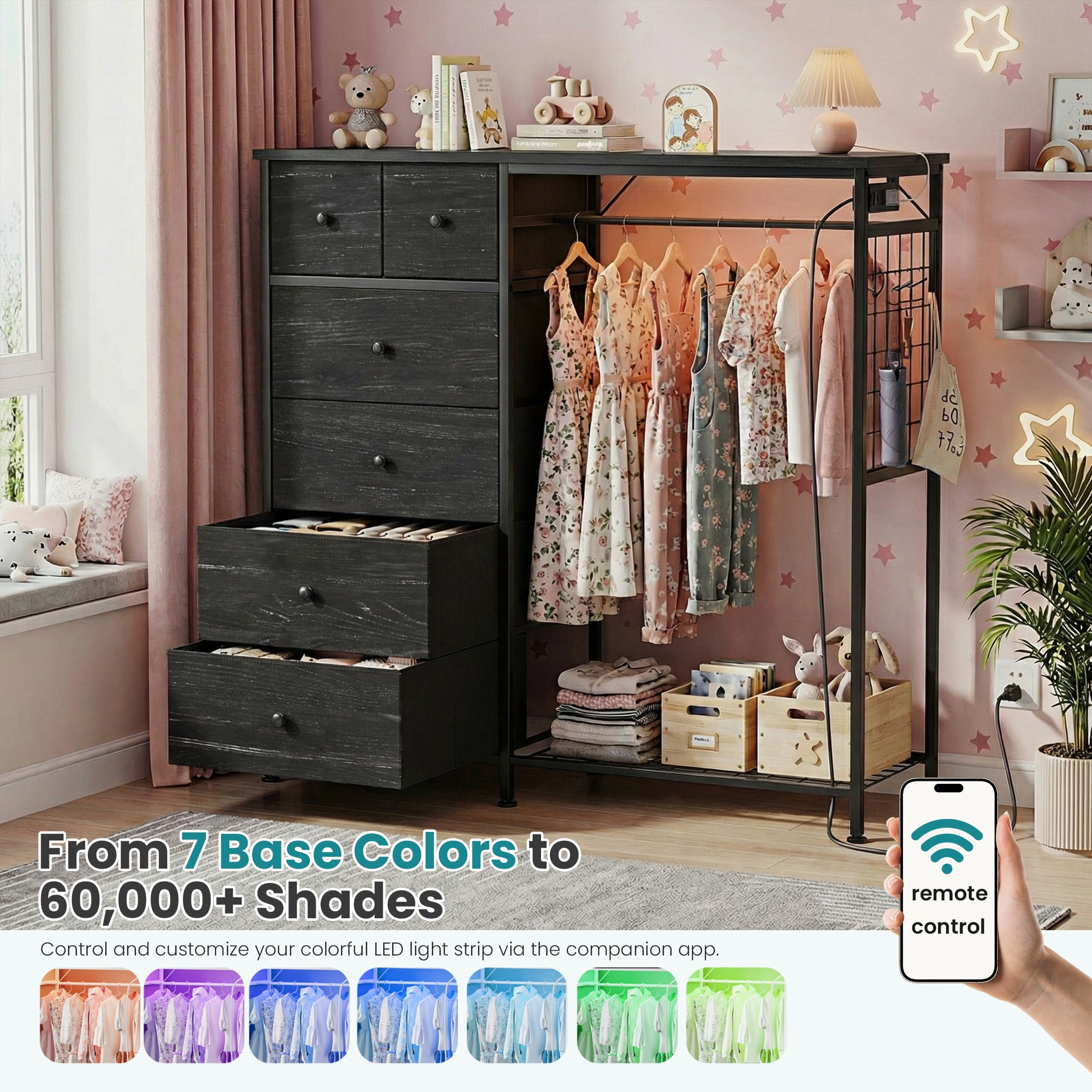 EDX 47.2" H Dresser for Bedroom with Hanging Rack, 6 Drawers Dresser with LED Lights & Charging Station, Fabric Dressers & Chest of Drawers with Rack, Wooden Top, Grid Panel,Black Wood Grain Print