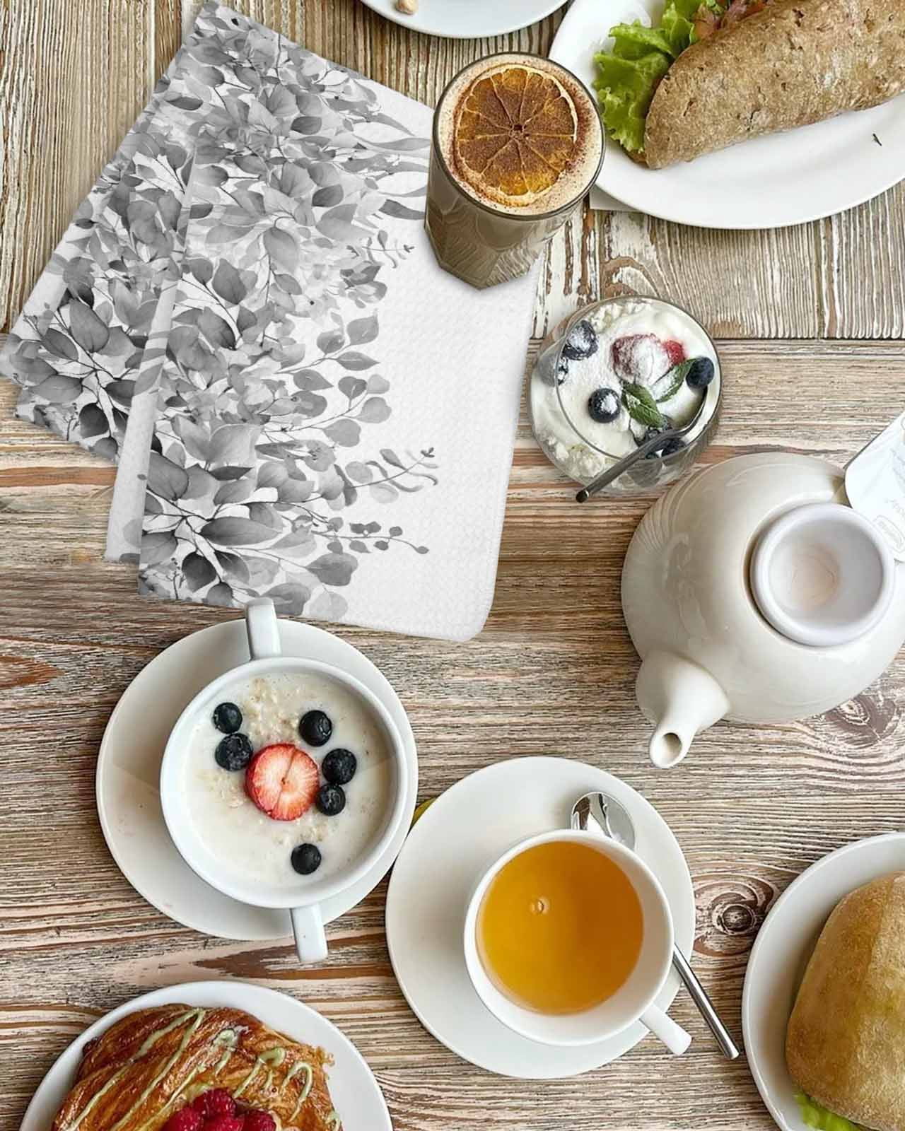 Black Grey Eucalyptus Leaves Hand Towels Set,Waffle Weave Kitchen Towels 4Pcs,Spring Summer Botanical Floral Microfiber Hair Face Bath Tea Towel Absorbent Cleaning Dish Cloths 15.7"x23.6"