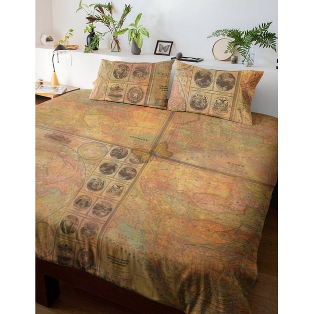 Mapa Vintage Juego de Funda Nórdica | Juego de Cama Marrón y Funda de Almohada | Mapa del Mundo