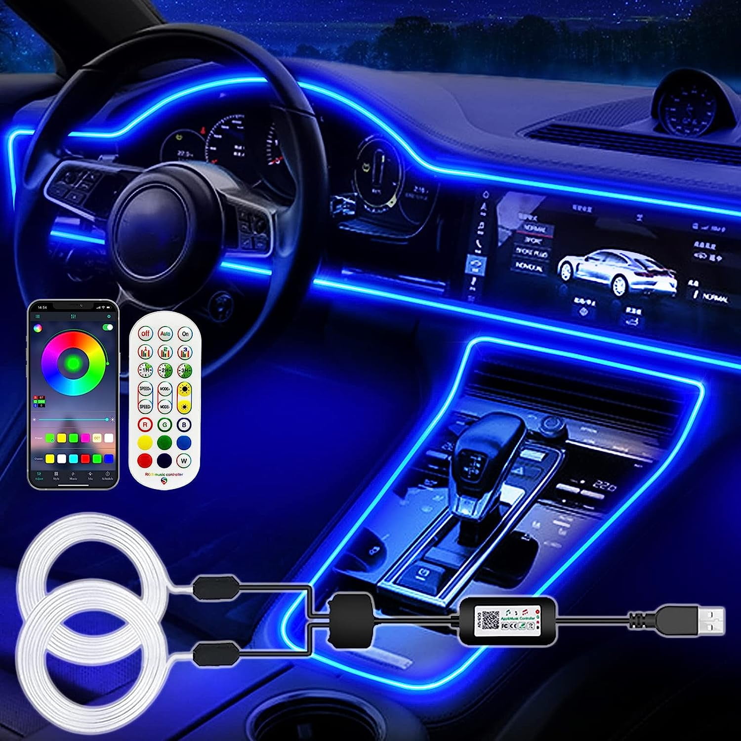 Jushope Interior Car LED Strip Lights RGB USB Car Ambient Lighting With Fiber Optic EL Wire Car Accessories