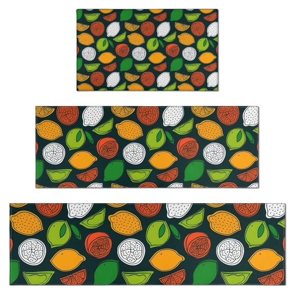 Lemon Mixed Citrus Fruits DarkGreen Pattern Kitchen Rugs Sets Of 3,Kitchen Runner Rugs Non Skid Washable,Decorative Kitchen Floor Mats for Kitchen,Sink,Laundry,17"x30" 17"x47" 17"x59"