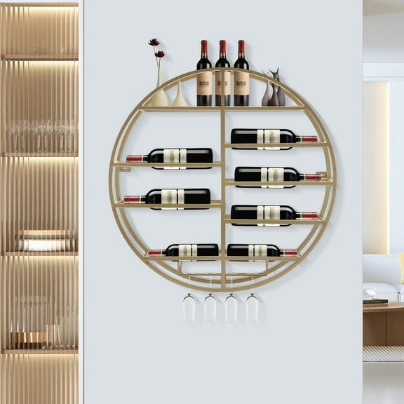 24in Modern Wall Mounted Metal Wine Rack Bottles Display Shelf with Glass Holder, Gold