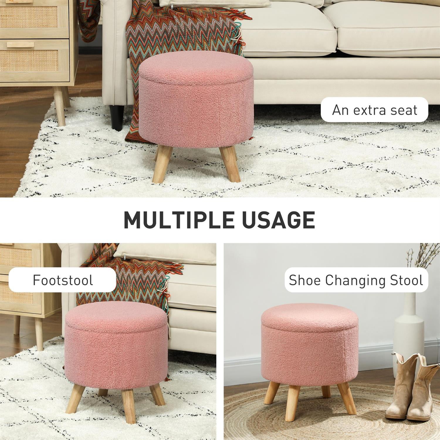 Demi Bonn 15" Ottoman Stool with Storage and Padded Seat, Round Footstool with Hidden Space and Wood Legs for Living Room, Pink