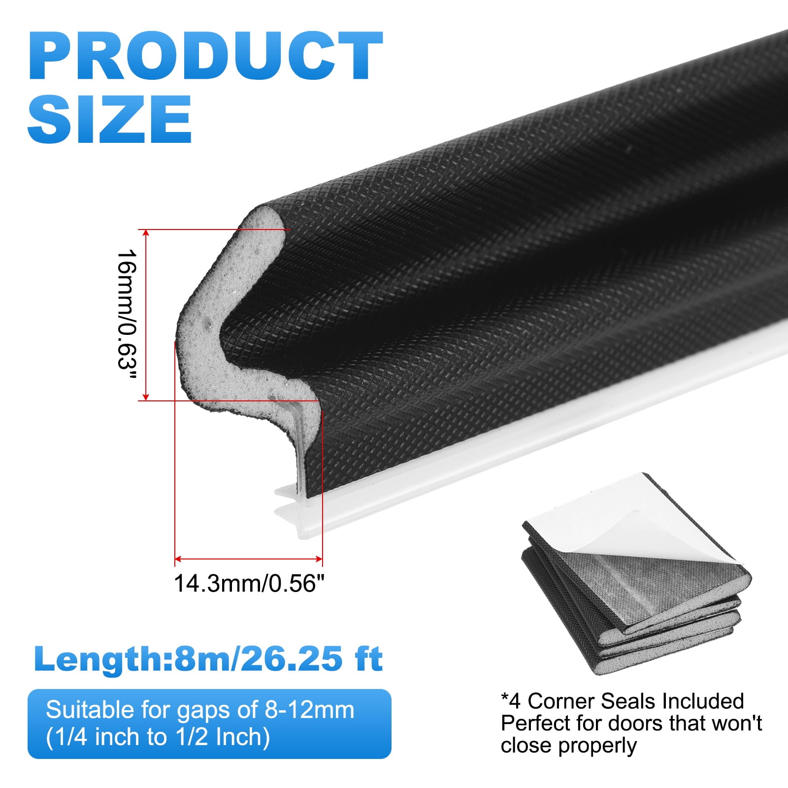 Uxcell Door Weather Stripping, 26.25 ft V-shaped Kerf Front Exterior Door Frame Weather Stripping with 4 Corner Seals for Soundproof Entry Interior Frame Window Gap Filler, Black/White