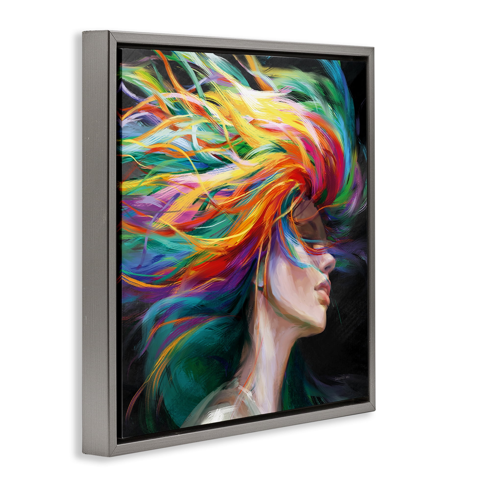 Stupell Industries Woman with Rainbow Hair People Painting Gray Floater Framed Canvas Art Print Wall Art, 18 x 18