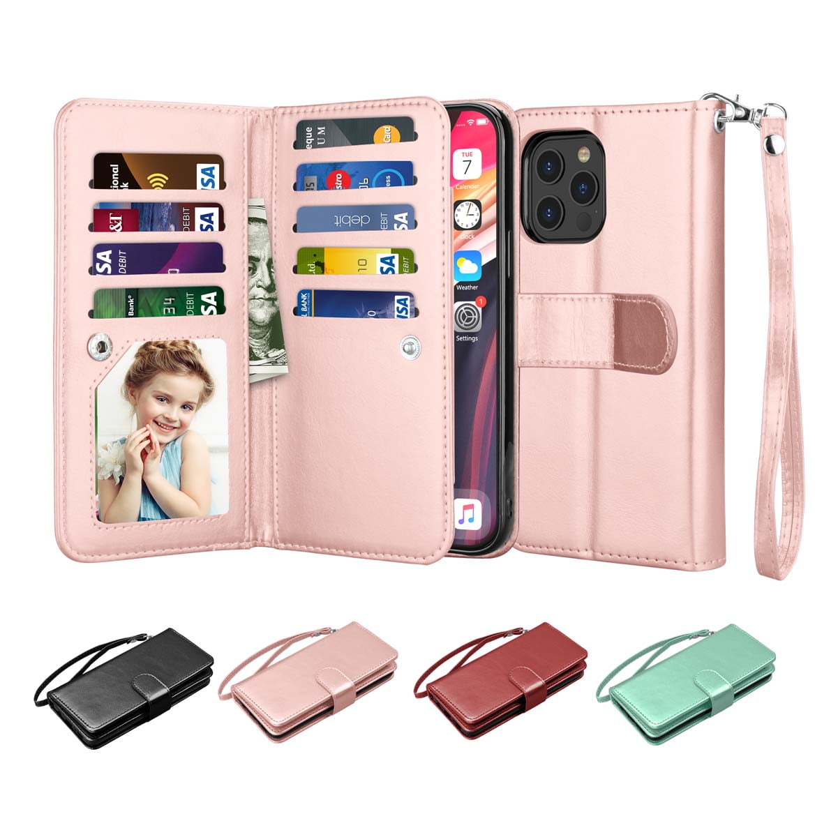 Iphone 12 Pro Max Wallet Case 6 7 Njjex Luxury Pu Leather Wallet Case Flip Folio Cover Id Cash Credit Card Holder 9 Card Slots Kickstand Lanyard Phone Cover Rose Gold Walmart Com