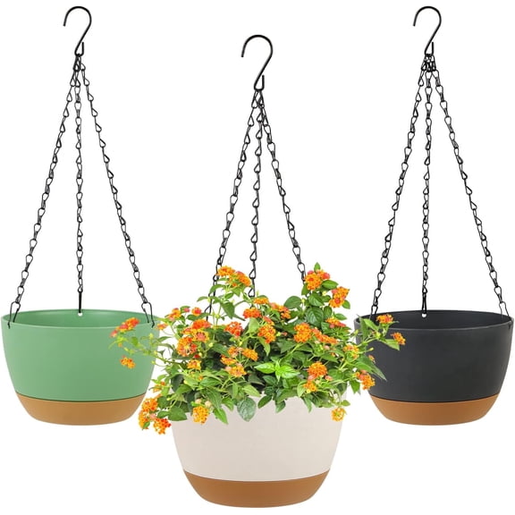 3 Pack Hanging Planters, 8 Inch Plastic Self-Watering Flower Pots with Drainage Holes & Removable Tray, Indoor Outdoor Plant Baskets for Balcony Living Room Garden – Black/Green/Beige