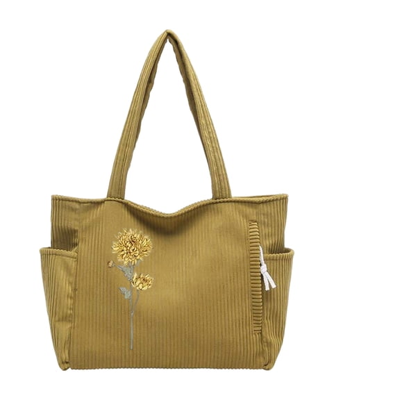 Personalized Birth Flower Corduroy Tote Bag for Women 4 Color Options Custom Name Large Shoulder Bag with Pocket and Zipper for Daily Work Travel Shopping