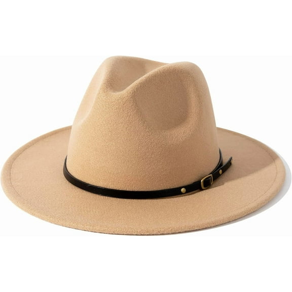 Women Vintage Style Wide Brim Wool Fedora Panama Hat with Belt Buckle