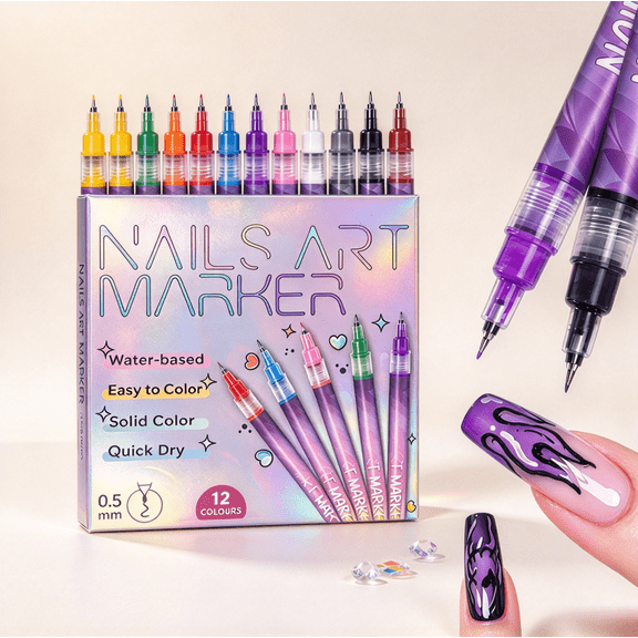 MagicMani Nail Art Pens Set, 12 Colors Quick-Dry Washable Nail Polish Pens, Mess-Free Design for Nail Art