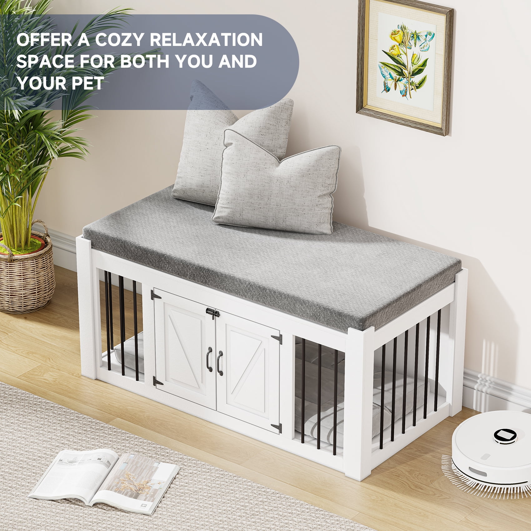 Faceket 47.2" Dog Crate Furniture, 2-Door Lockable Wooden Kennel with Cushion, White End of Bed Bench Ottoman for Medium Dogs