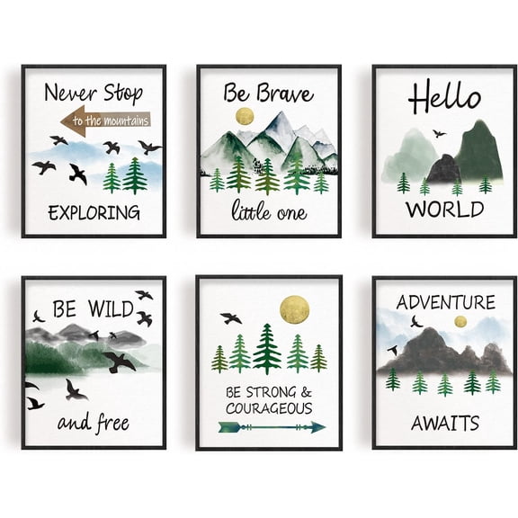 6PCS Mountain Wall Art UNFRAMED Inspirational Nature Wall Art Prints Landscape Mountain Decor Adventure Nursery Canvas Wall Art for Office Nursery Bedroom