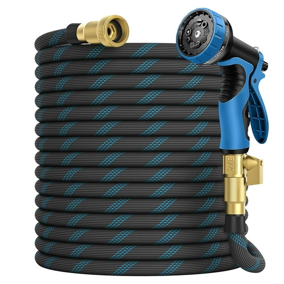 Garden Hose 100 ft, 2025 Upgarded Flexible Water Hose 100ft With 10-Pattern Spray Nozzle, Kink-Free, Lightweight, Durable, Leak-Proof Solid Brass Fittings (Black & Blue)