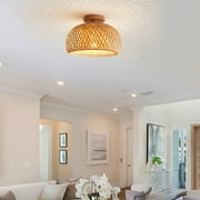 IC INSTANT COACH Rattan Semi Flush Mount Ceiling Light, Mini Bamboo Ceiling Light Fixture, Handmade Boho Rattan Light Chandelier, Farmhouse Light Fixtures for Bedroom Kids Room Hallway Corridor Passwa