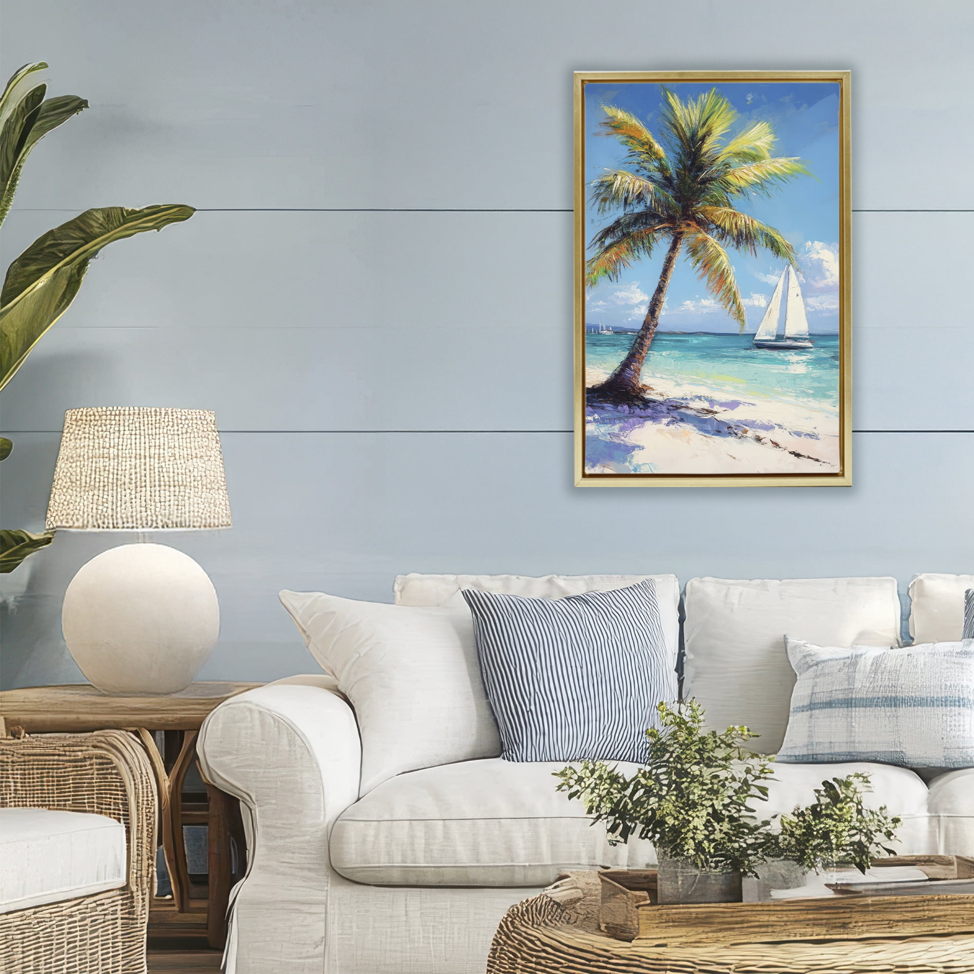 Stupell Industries Palms & Sails Beach View Gold Framed Floater Canvas Wall Art, design by Petal Prints Design