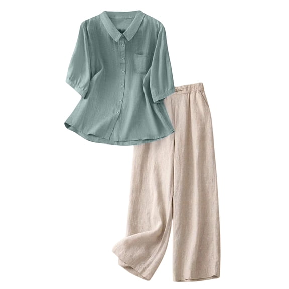 Women's Linen Clothes 2 Piece Sets Button Down Shirts Wide Leg Capri Pants Outfits for Seniors Casual Beach Vacation Blue M