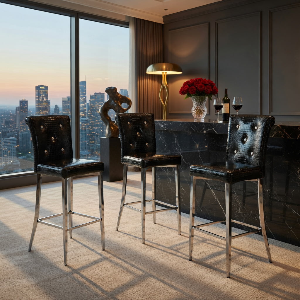 Hommoo 2-Pack Vintage Faux Crocodile Leather Bar Stools with Crystal Buckle Accents, Waterproof PVC Upholstery, Adjustable Feet for Kitchen, Dining Room & Bar, Black