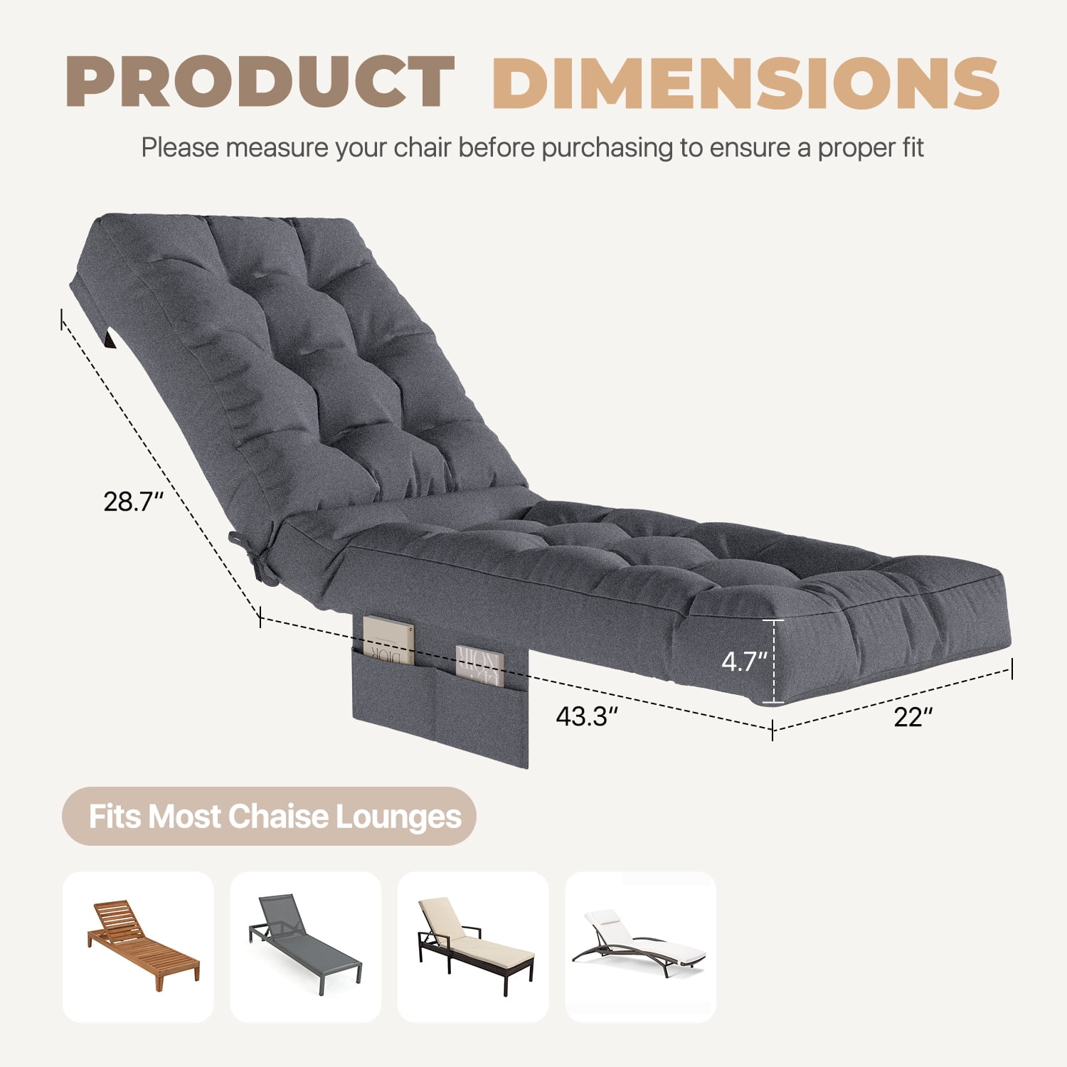 BaPiPro Gray Outdoor Chaise Lounge Cushion with Side Pocket, Triple Non-Slip Fixation, All-Weather Durable & Soft Fabric, Thickened Padding, Ideal for Patio and Poolside Use