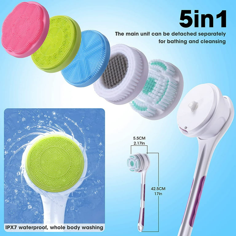Electric Body Brush with 5 Attachments, Topboutique IPX7 Waterproof  Rechargeable Shower Scrubber Back Bath Exfoliating Brush Set with Long  Handle for